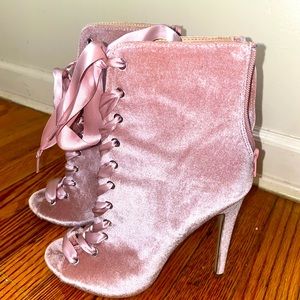Pink blush lace up peep toe booties